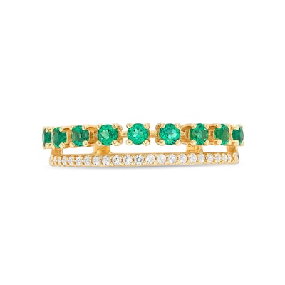 Previously Owned - Lab-Created Emerald and White Lab-Created Sapphire Split Double Row Ring in 10K Gold